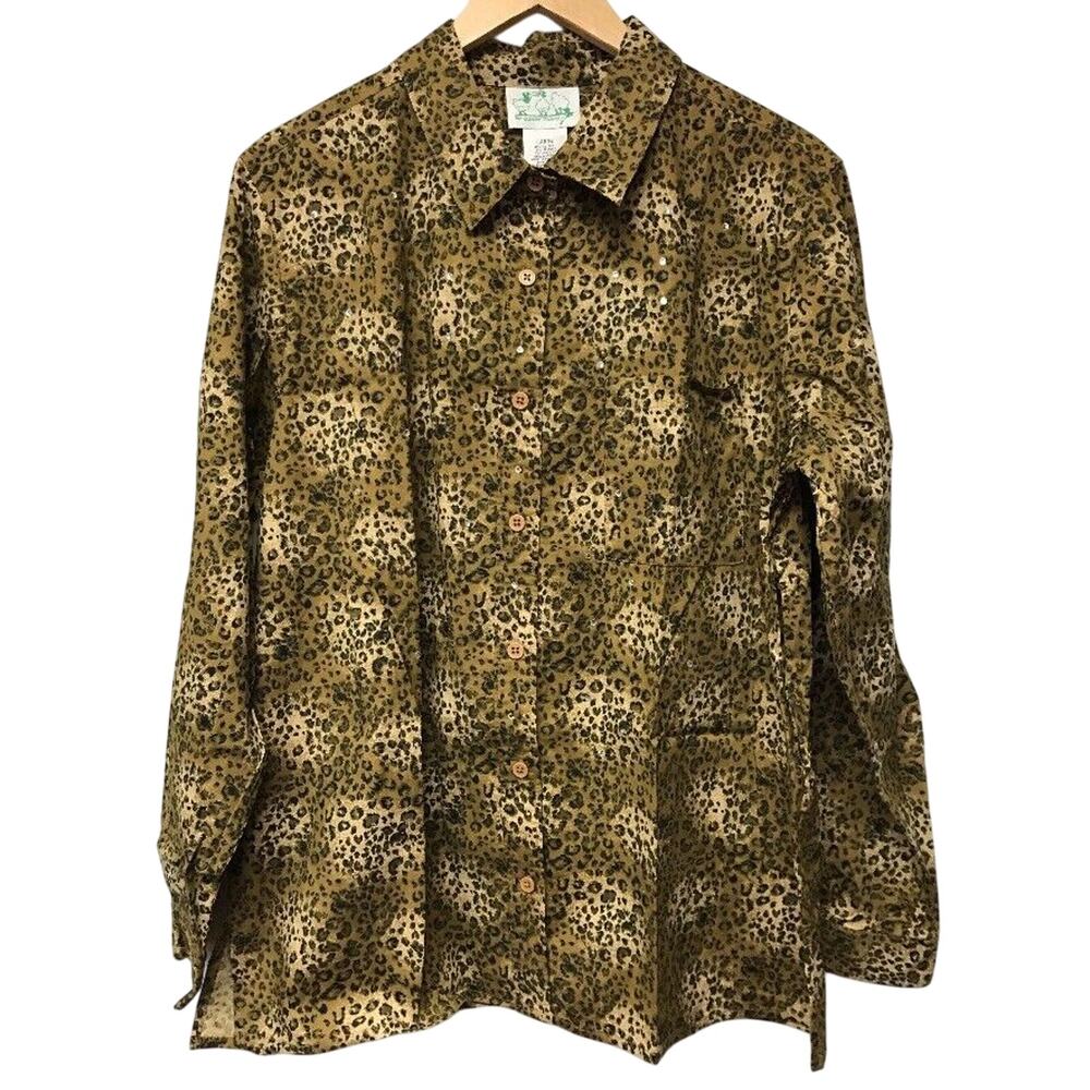Quacker Factory Top Womens Large Leopeard Rhinestones Button Down